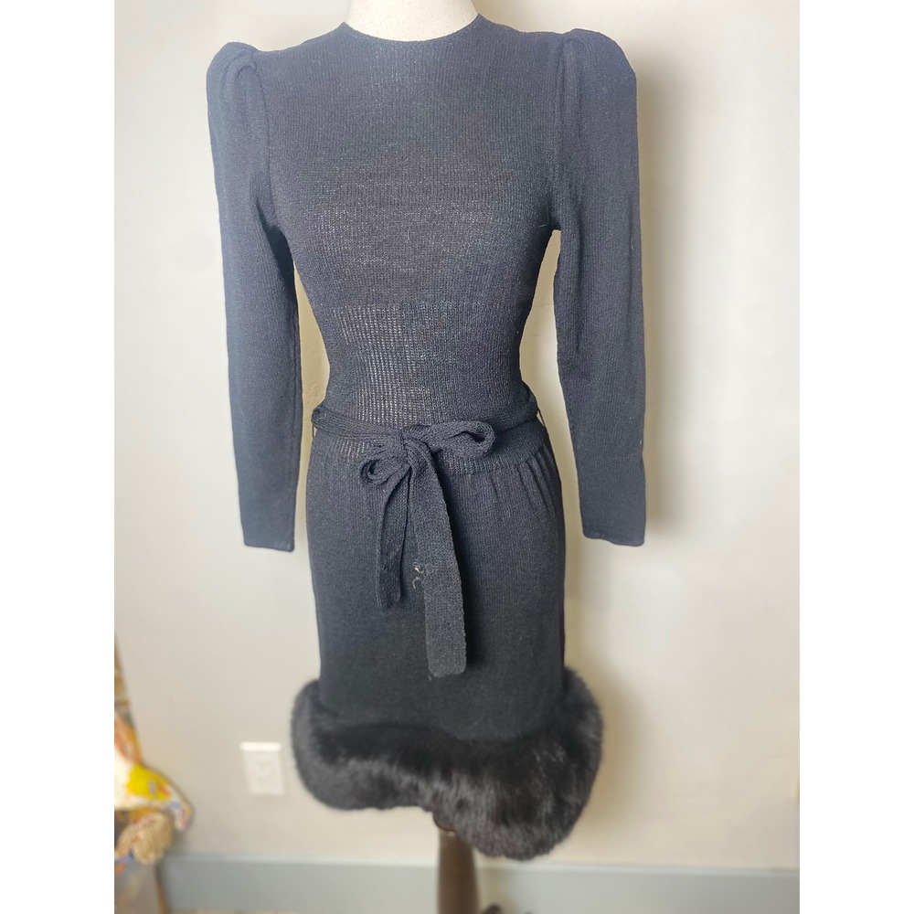 Vintage Lillie Rubin's 80's Black Knit Open Back Dress Real Fur Trim Goth  M